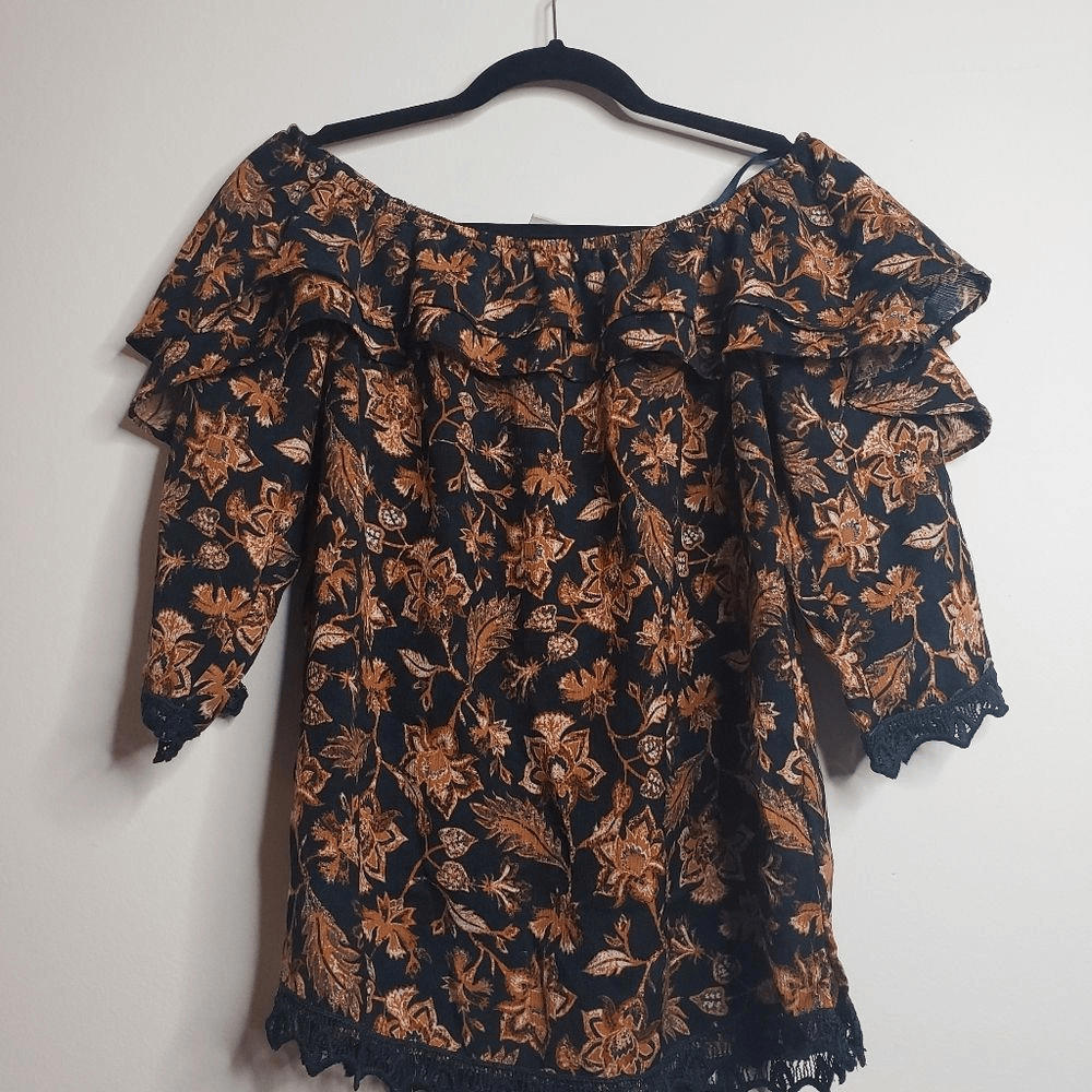 Off The Shoulder Ruffle Peasant Blouse - Deep Navy Sepia Flowers - XS - Picture 8 of 9